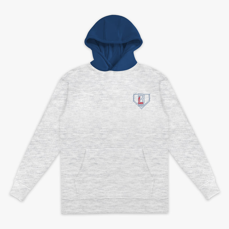 Gray hoodie with blue hood with a blue an red BL101 logo on a white background
