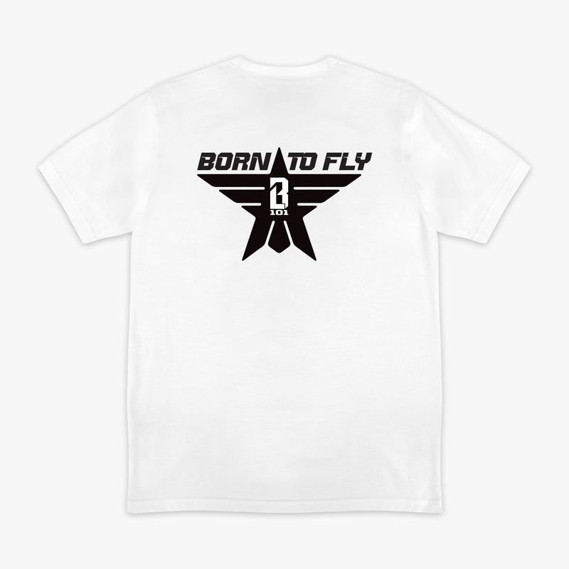 White t-shirt with black “BORN TO FLY” lettering, black star, and white BL101 logo centered inside the star