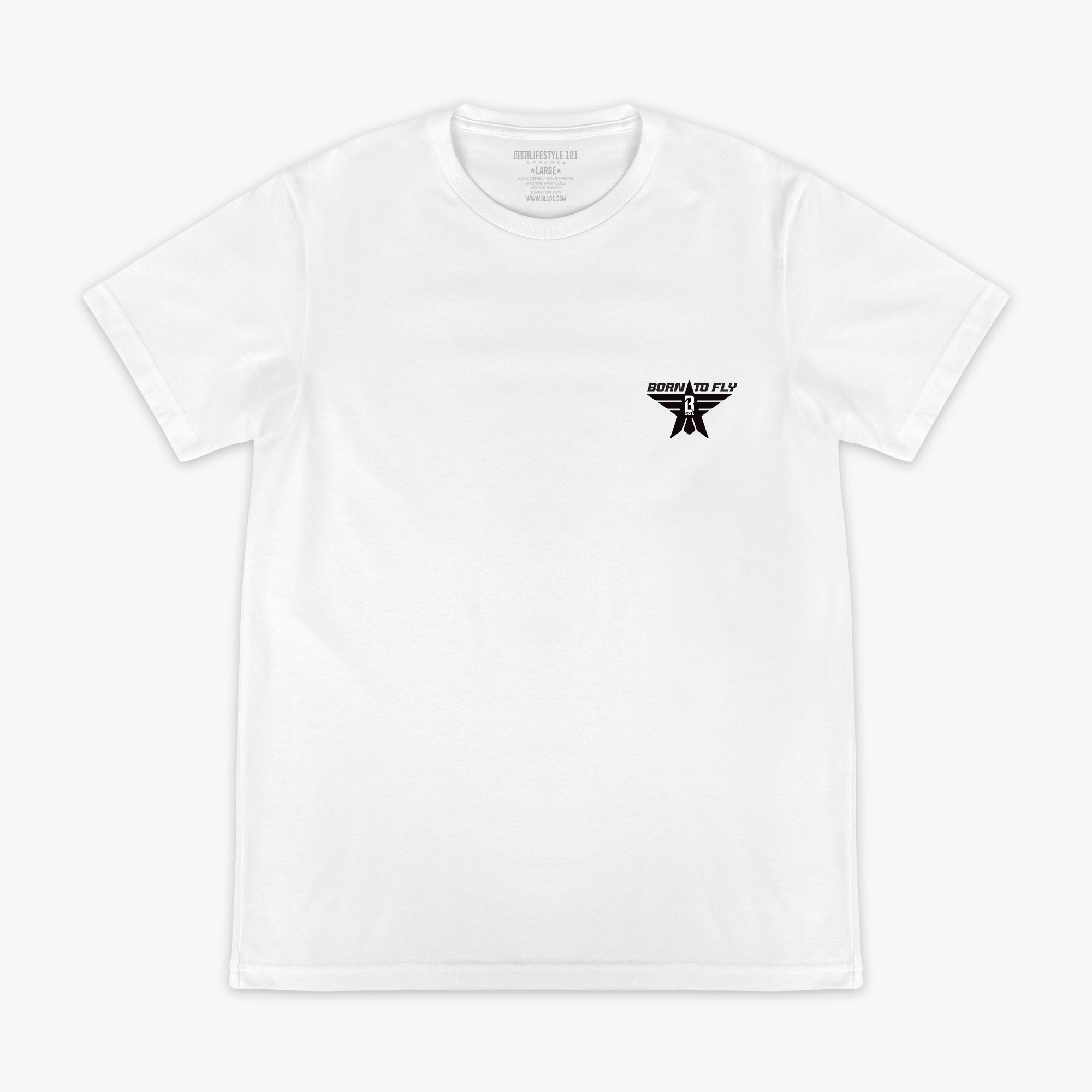 White t-shirt with black “BORN TO FLY” lettering, black star, and white BL101 logo inside the star positioned on the top corner of the shirt