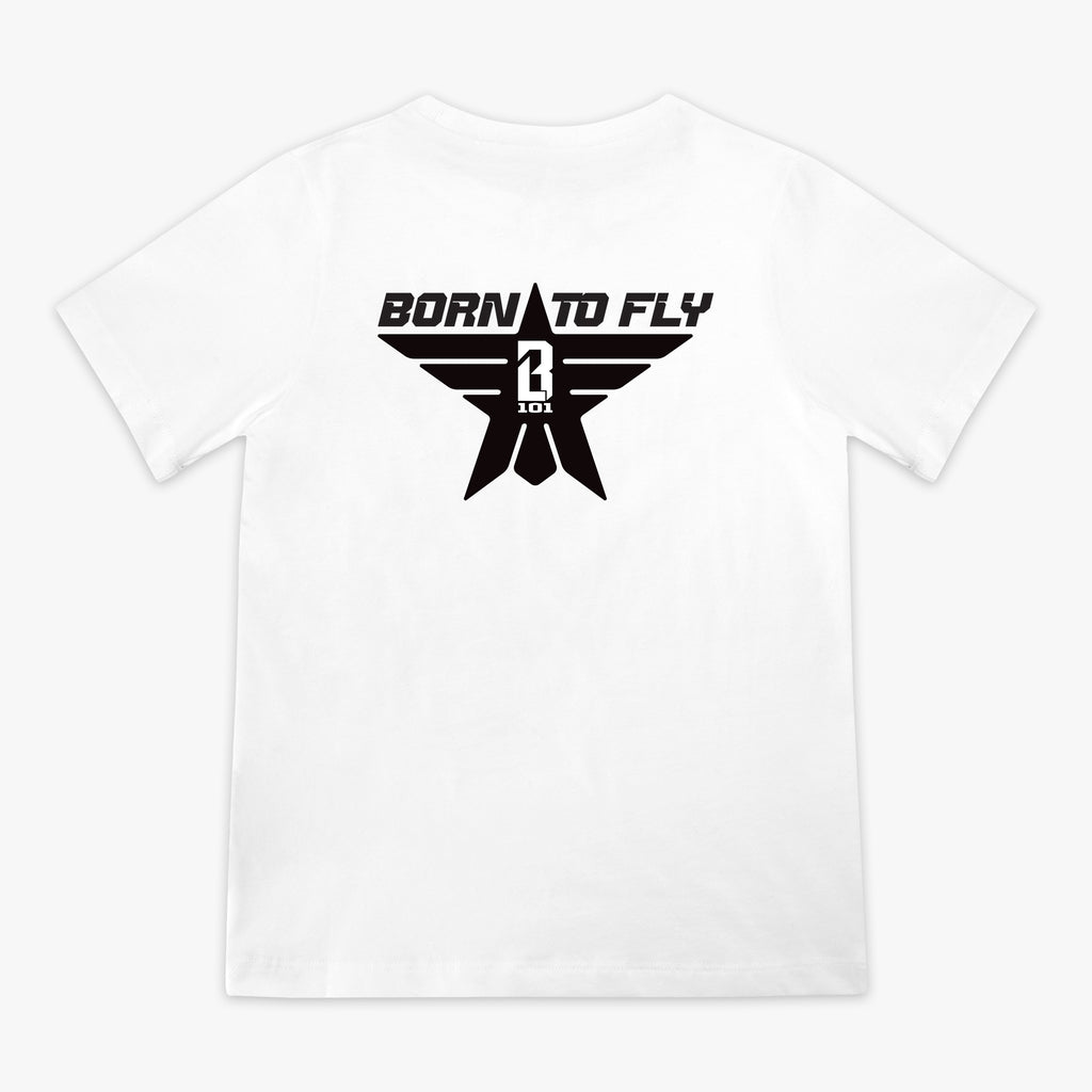 Youth white t-shirt with black “BORN TO FLY” lettering, black star, and white BL101 logo centered inside the star