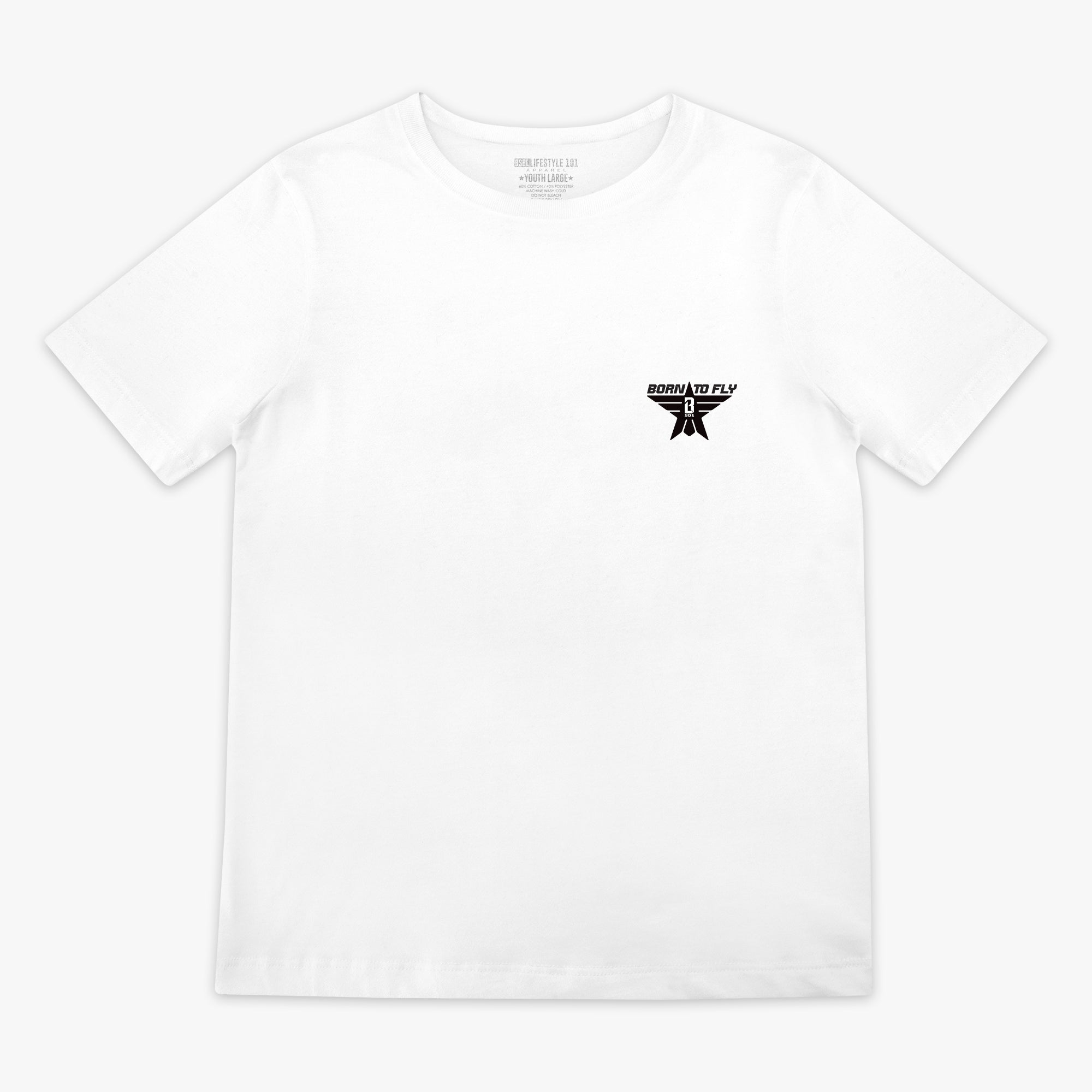 Youth white t-shirt with black “BORN TO FLY” lettering, black star, and white BL101 logo inside the star positioned on the top corner of the shirt