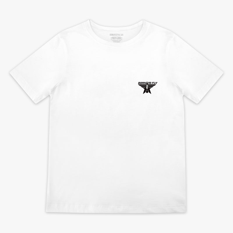Youth white t-shirt with black “BORN TO FLY” lettering, black star, and white BL101 logo inside the star positioned on the top corner of the shirt