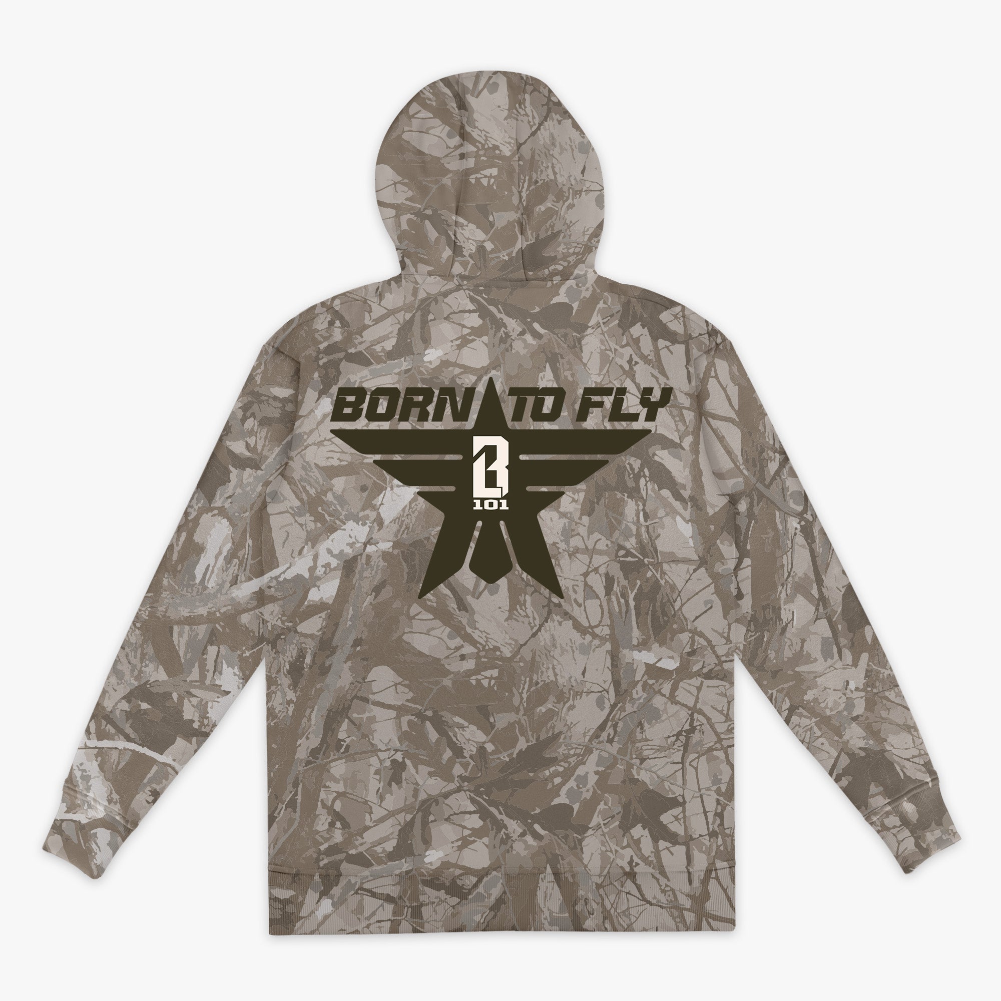 Camo Print Youth Hoodie with bold grey 'Born to Fly' graphic and BL101 logo star emblem on back 
