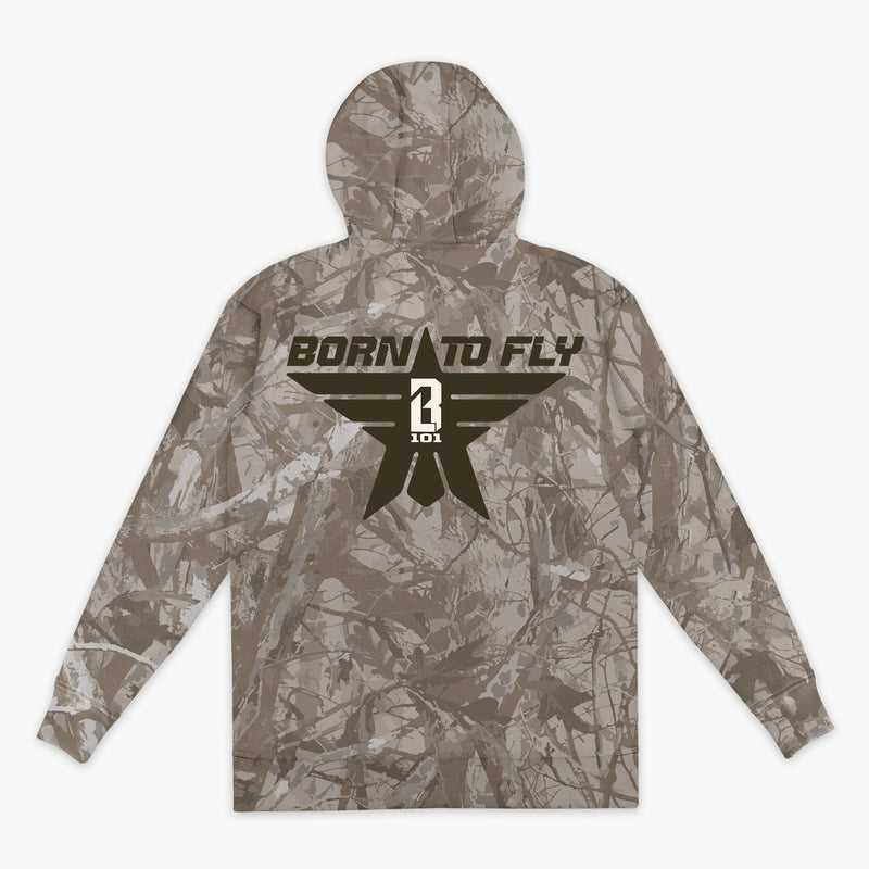 Camo Print Youth Hoodie with bold grey 'Born to Fly' graphic and BL101 logo star emblem on back 