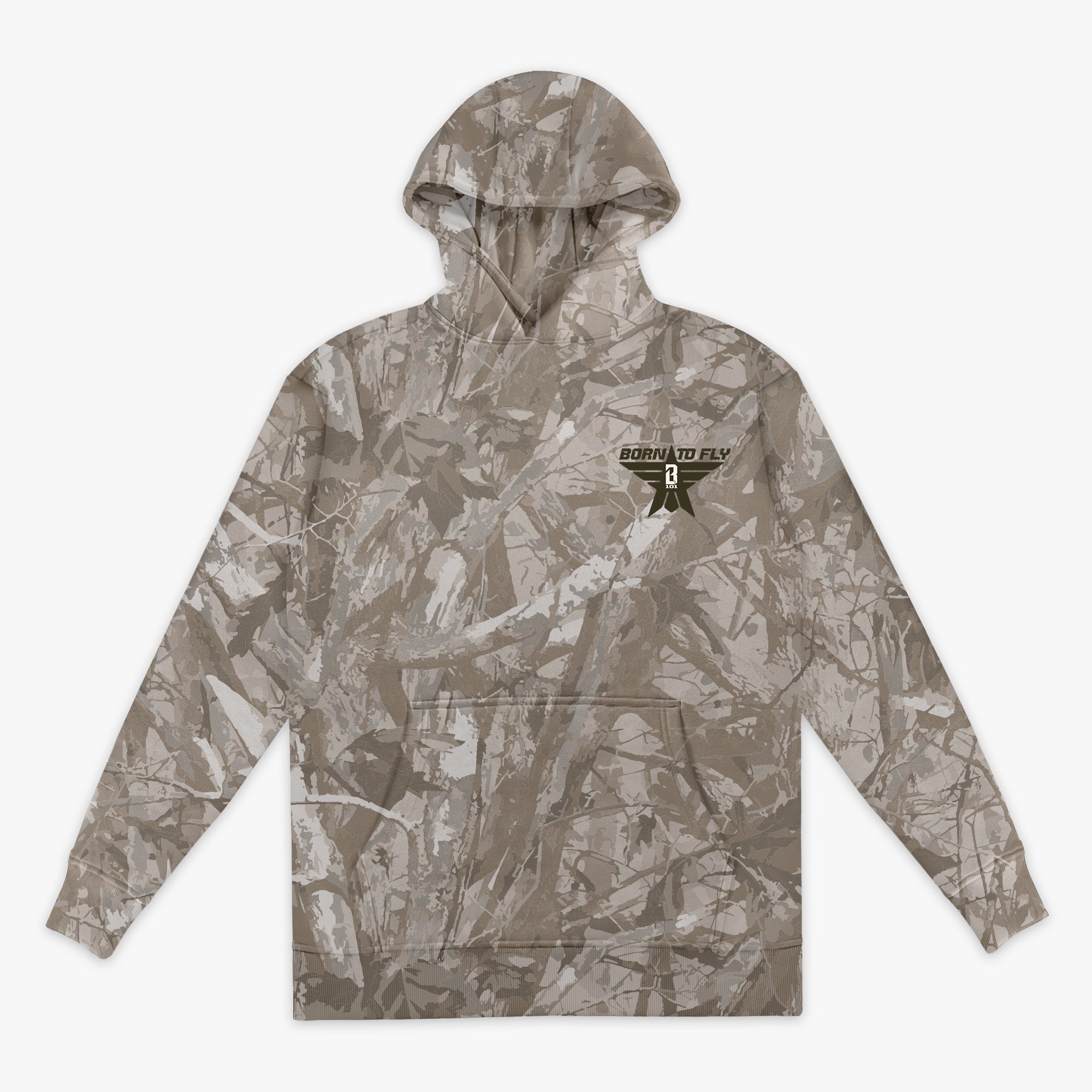 Camo Print Youth Hoodie with bold grey 'Born to Fly' graphic and BL101 logo star emblem on corner chest