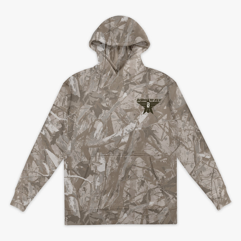 Camo Print Youth Hoodie with bold grey 'Born to Fly' graphic and BL101 logo star emblem on corner chest