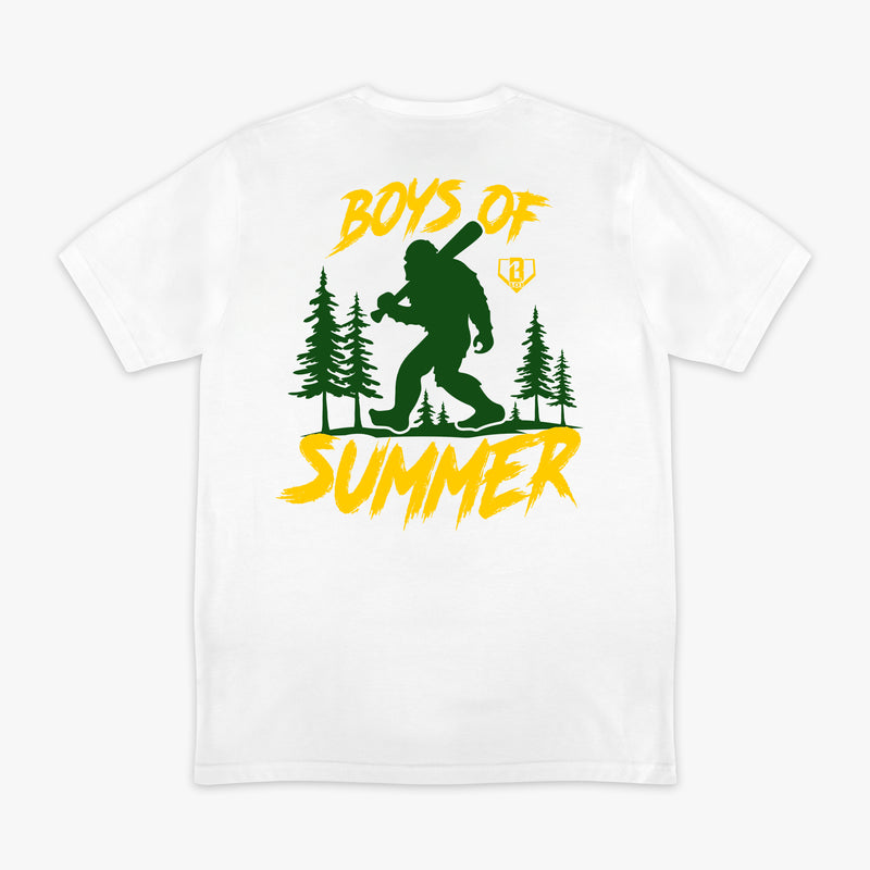 Camp Collection Summer Tee white baseball Bigfoot holding bat pine trees back graphic shirt