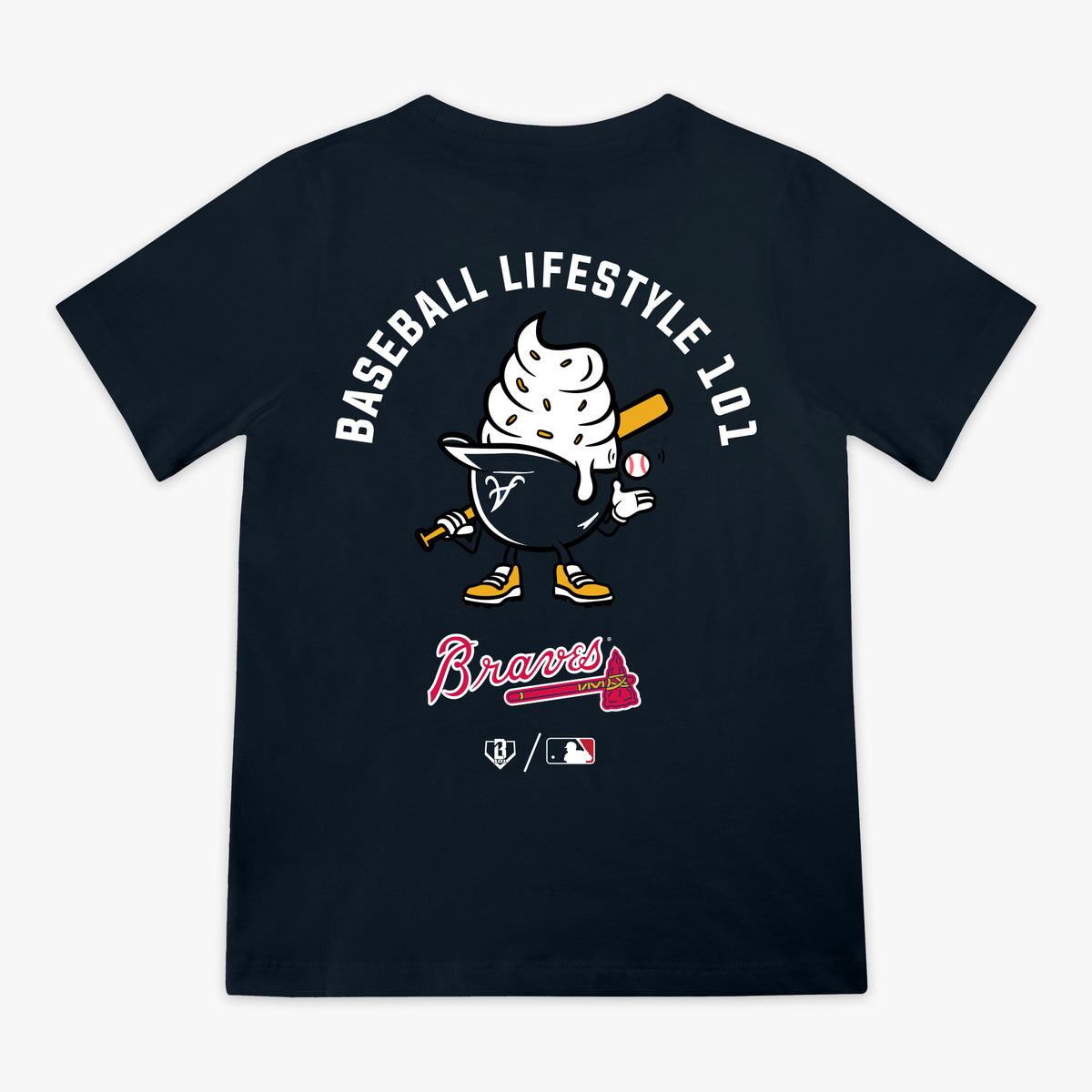 Navy youth graphic tee with "Atlanta Braves Ice Cream" design - back view