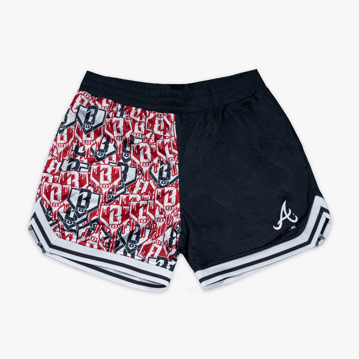 Navy youth shorts with "Atlanta Braves Sticker Court" design - front view