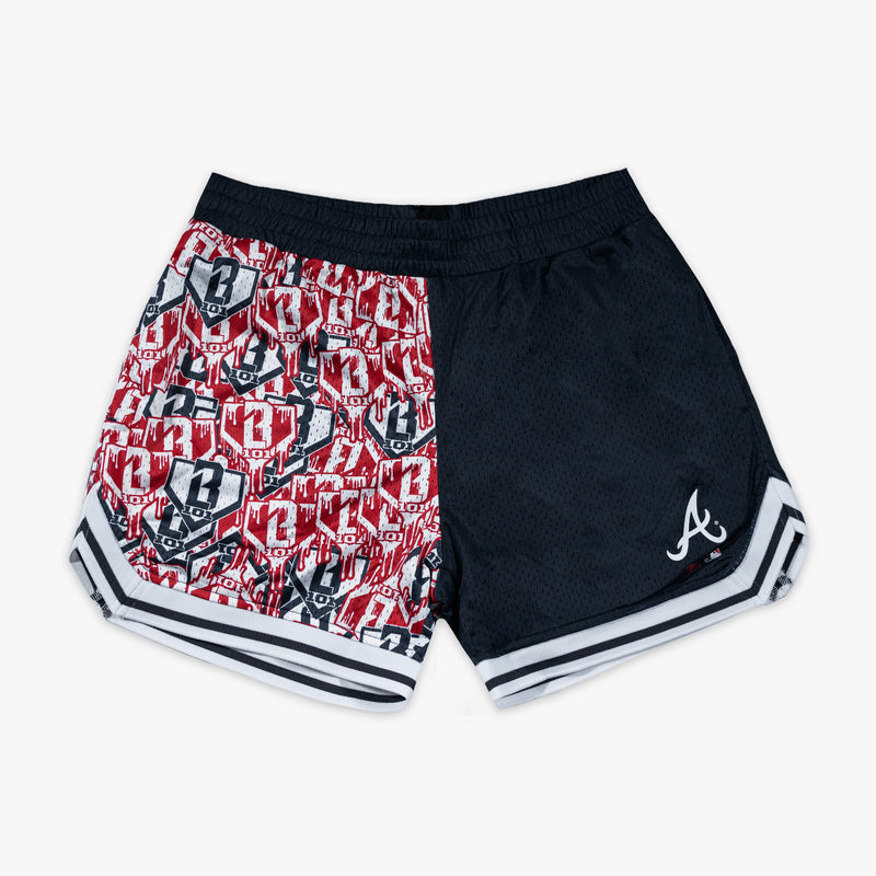 Navy youth shorts with "Atlanta Braves Sticker Court" design - front view