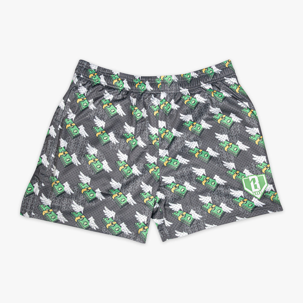 Gray shorts with green and white money with wings pattern on a white background