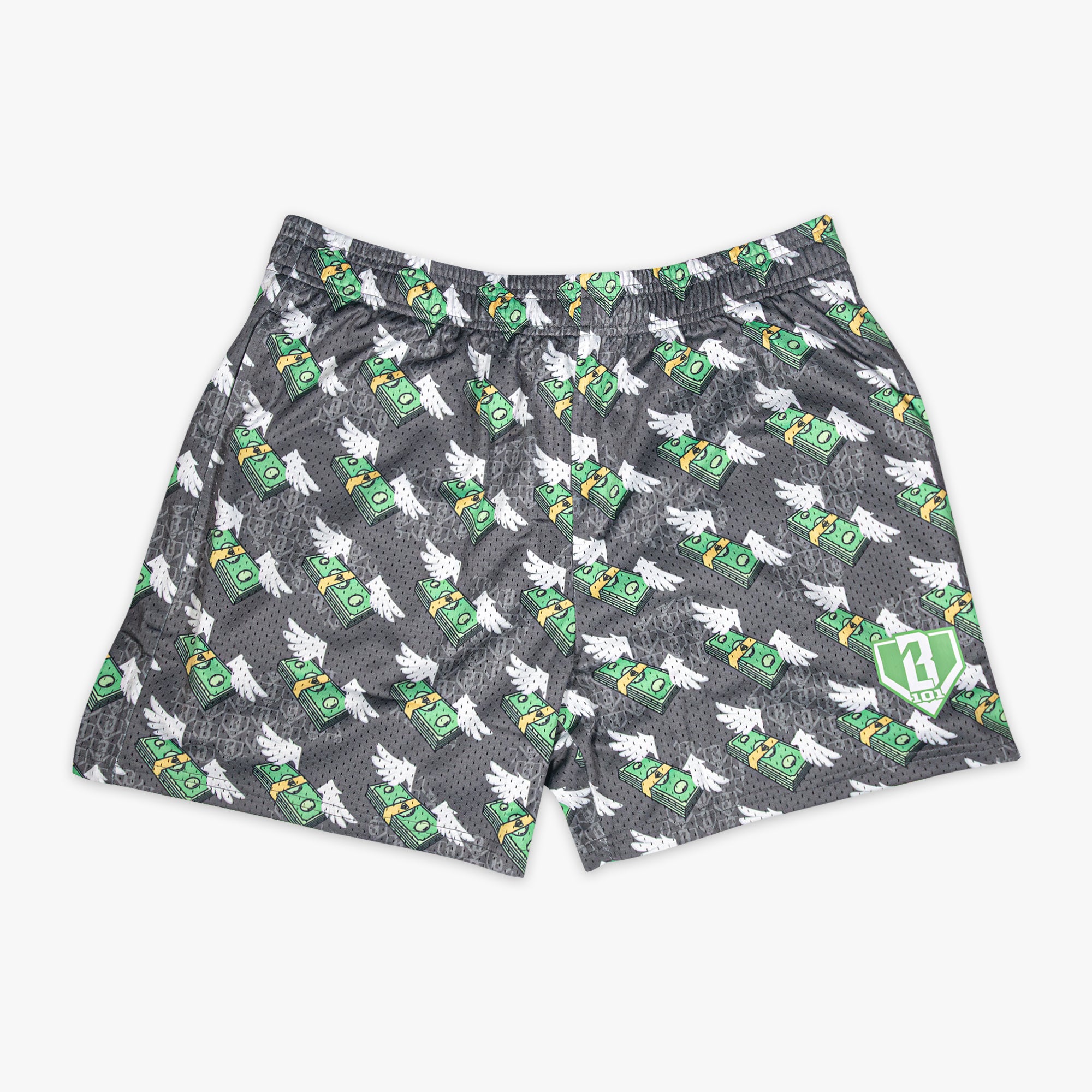 Gray shorts with green and white money with wings pattern on a white background
