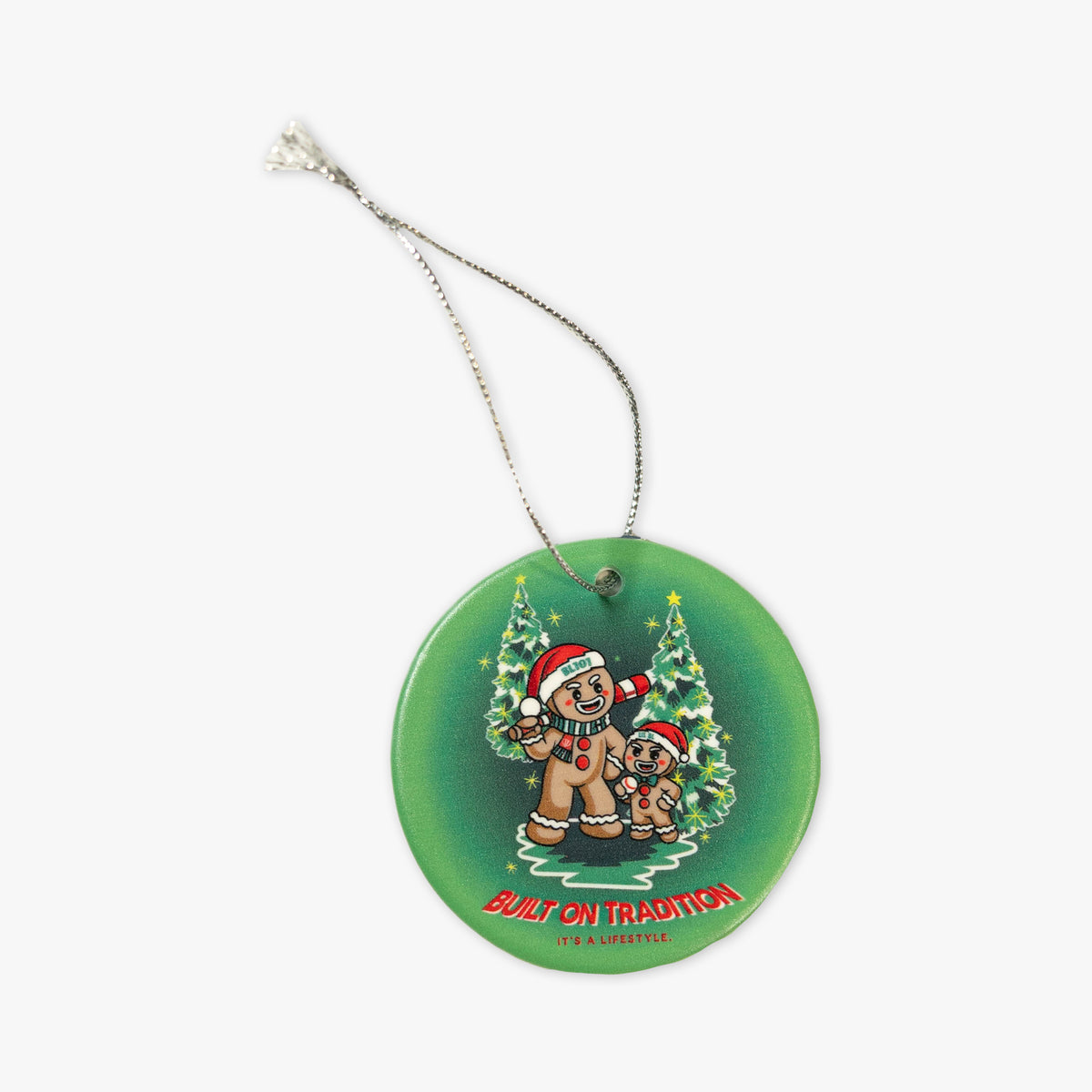 Green ornament with "Built On Tradition Ornament" design