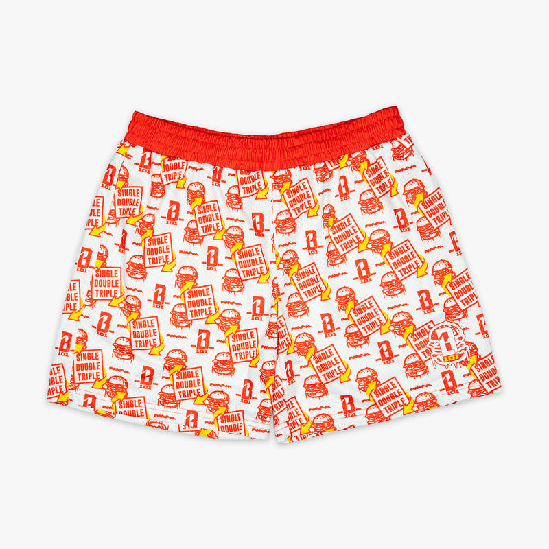 Adult model wearing shorts with "Burger" design