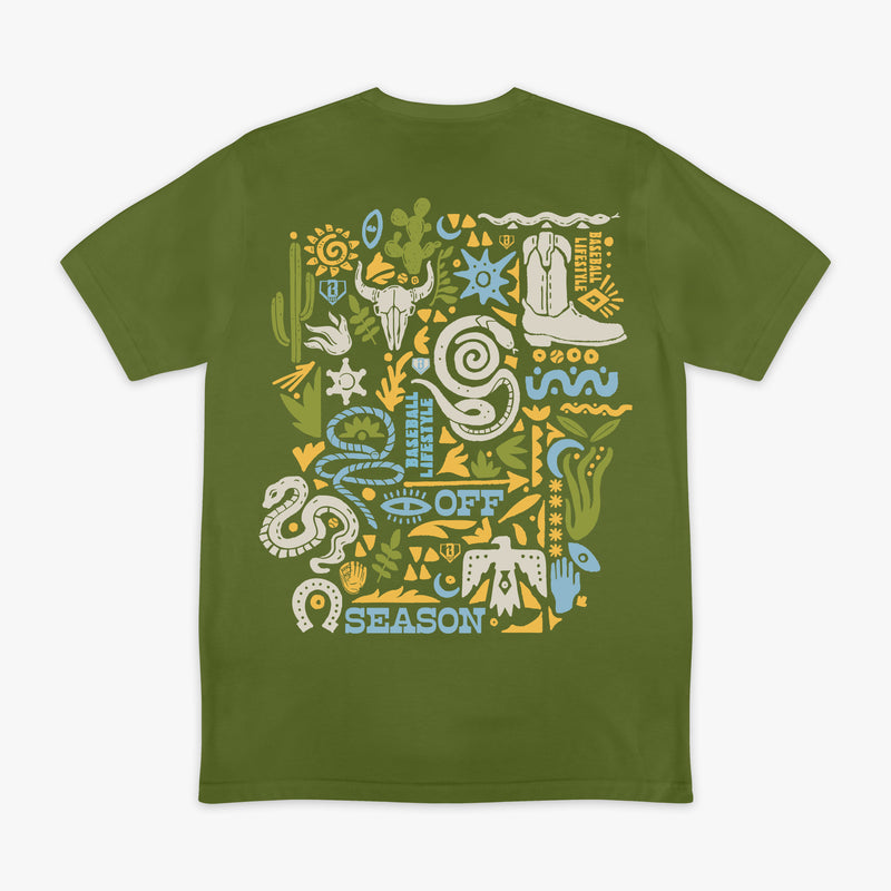 Green t-shirt with colorful desert graphic design on a white background