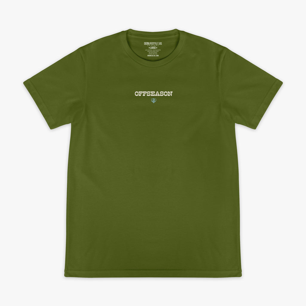Green t-shirt with 'OFFSEASON' text on a white background
