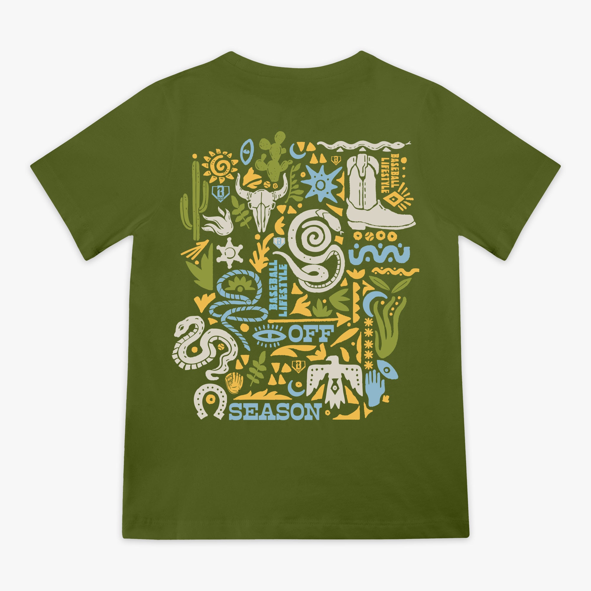 Green t-shirt with colorful desert graphic design on a white background