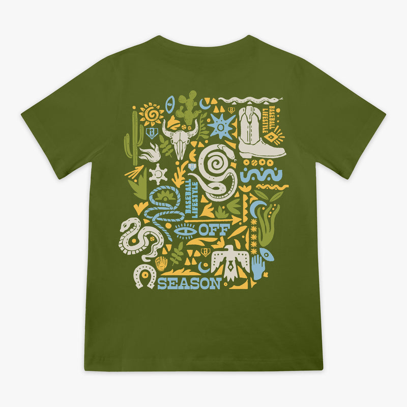 Green t-shirt with colorful desert graphic design on a white background