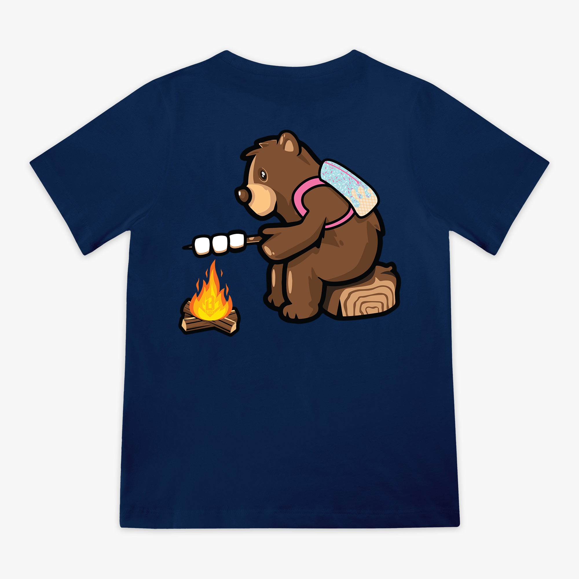 Campfire Tee navy baseball bear roasting marshmallows campfire graphic shirt