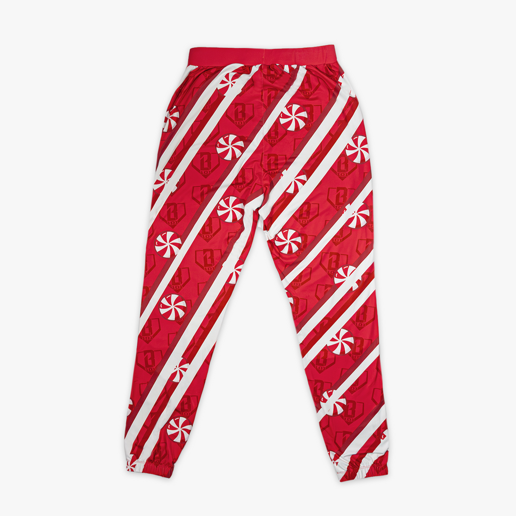 Red pants with candy cane design and BL101 logo 