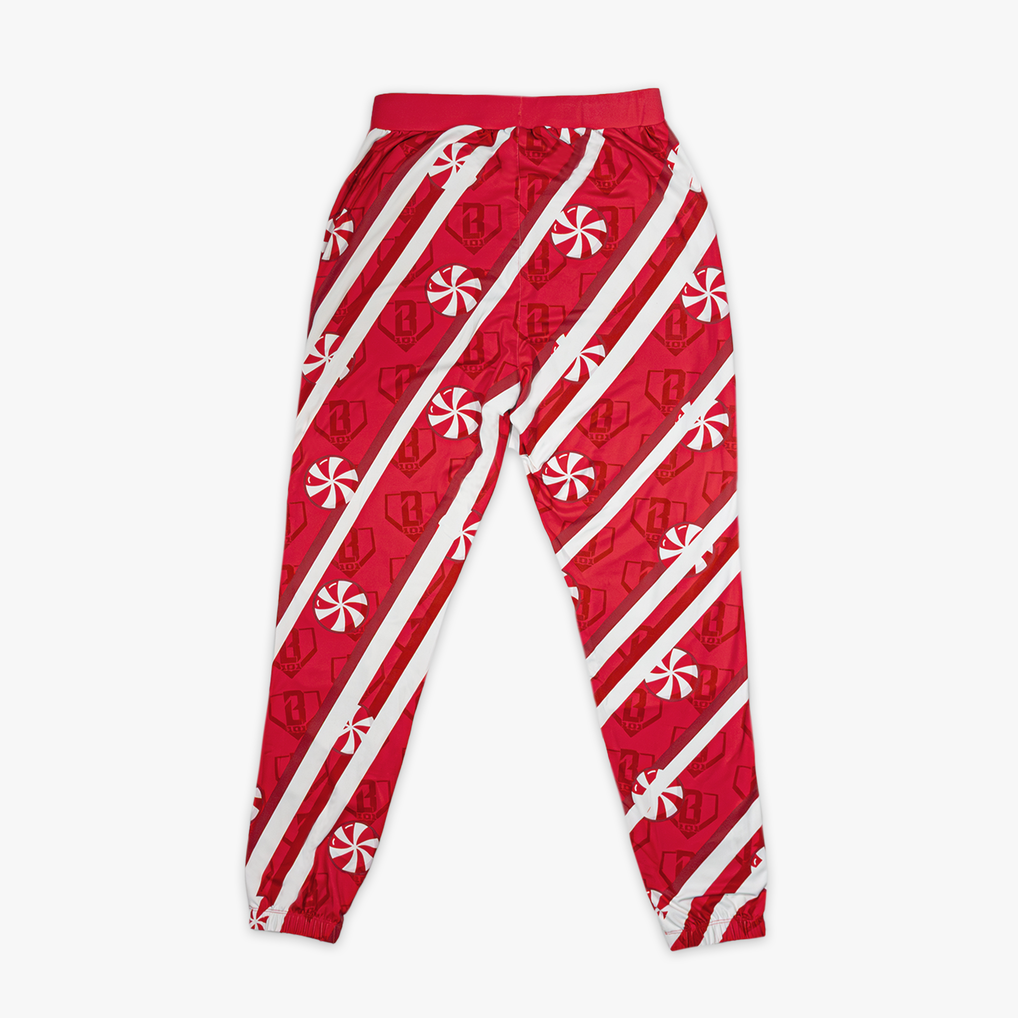 Red pants with candy cane design and BL101 logo 