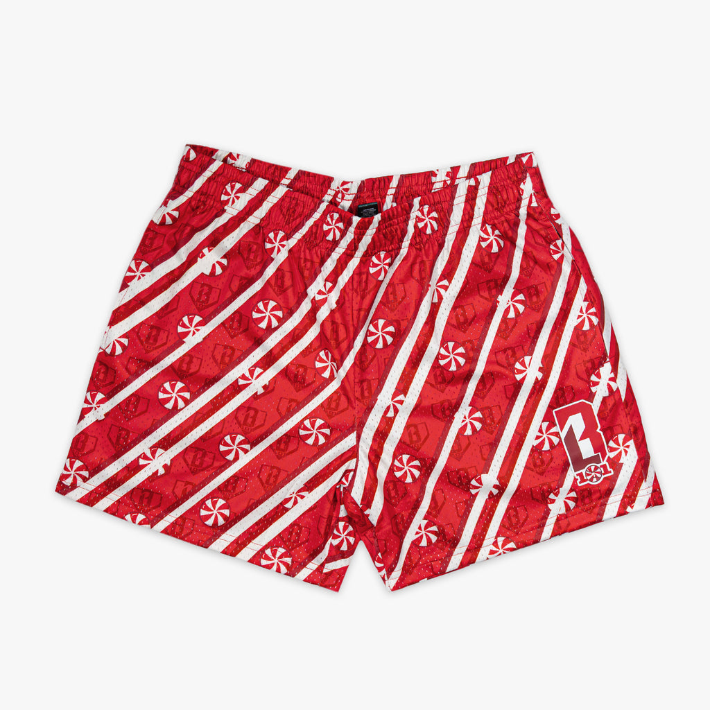 Red shorts with candy cane pattern and red BL101 logo