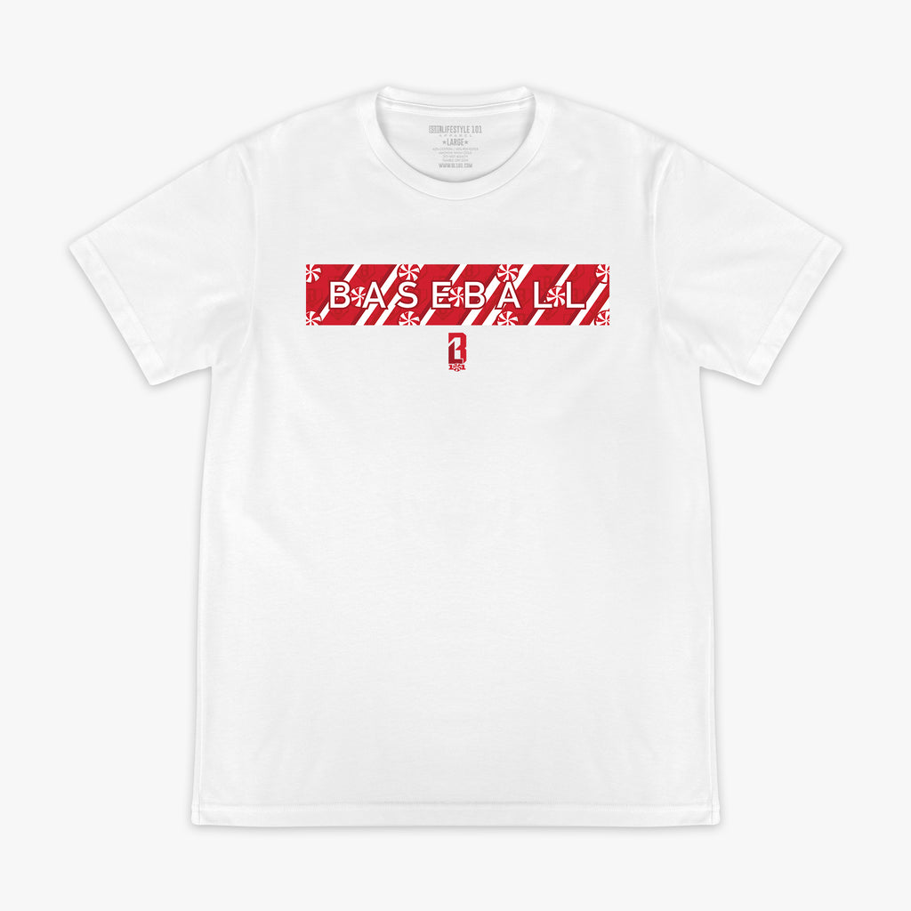 White t-shirt with red and white candy cane 'Baseball' graphic design 