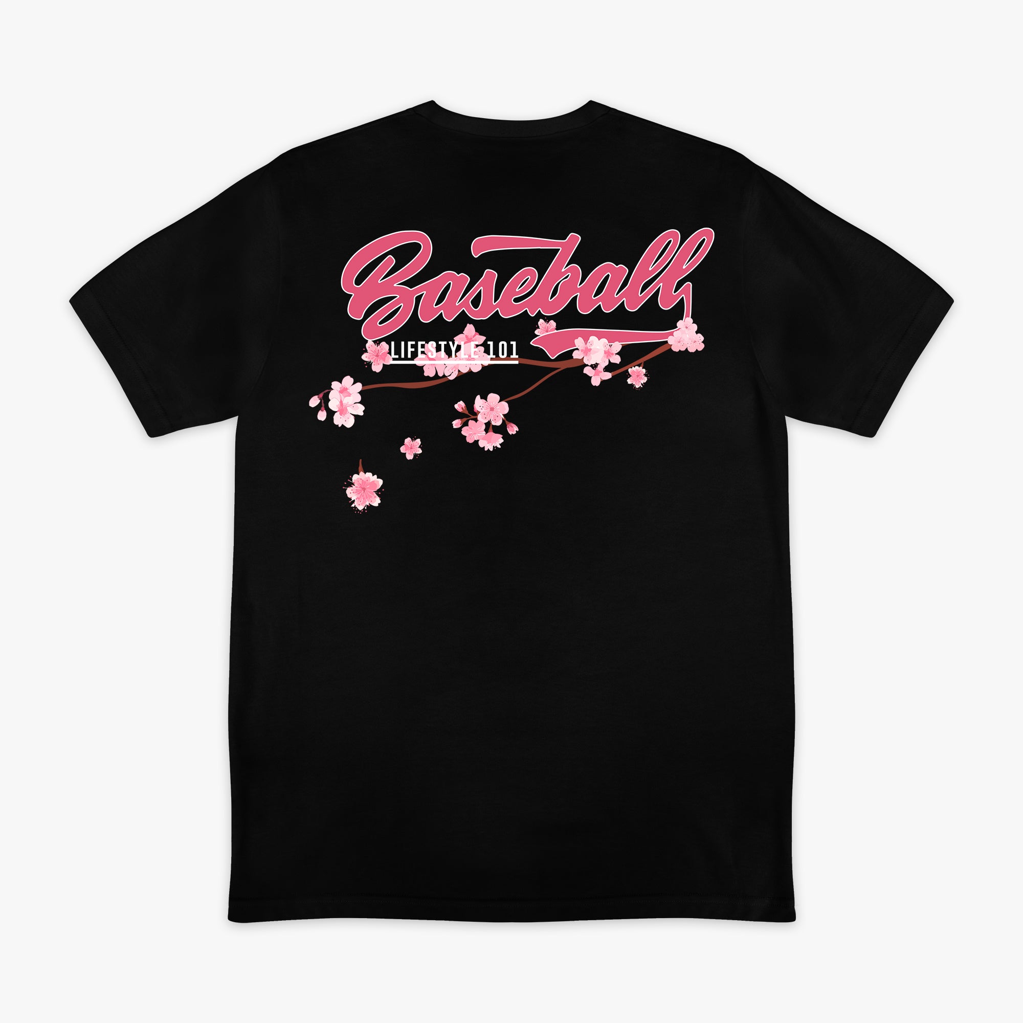 Back of black BL101 tee with pink "Baseball" script and cherry blossom branch graphic, flat lay view