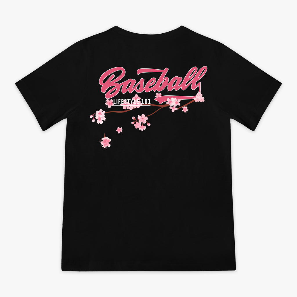 Back of black BL101 tee with pink "Baseball" script and cherry blossom branch graphic, flat lay view