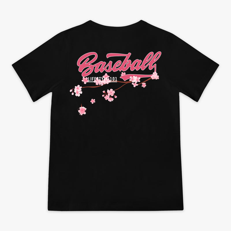 Back of black BL101 tee with pink "Baseball" script and cherry blossom branch graphic, flat lay view