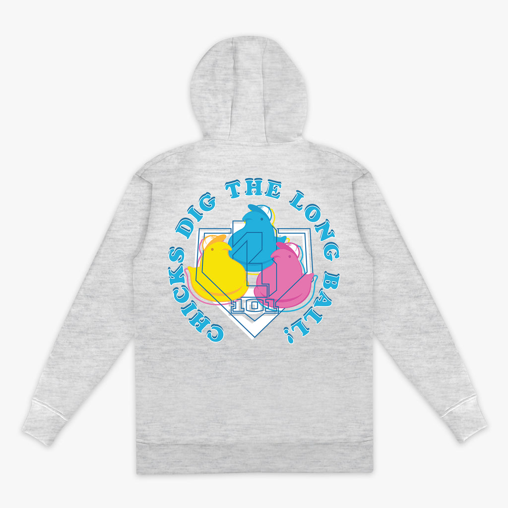 Gray hoodie with colorful peeps graphic design and 'Chicks Dig The Long Ball! 101' text on the back against a white background