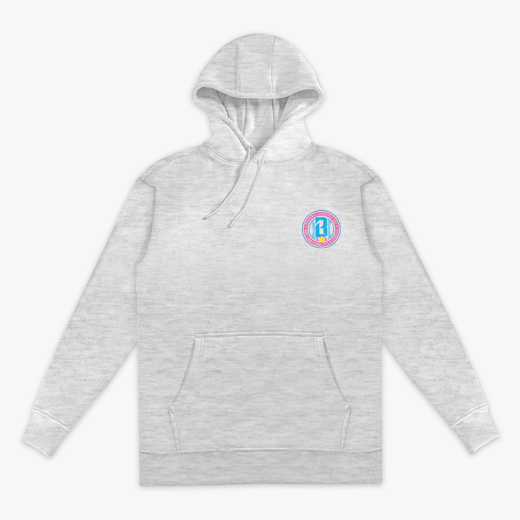 Gray hoodie with a colorful BL101 logo on the chest against a white background