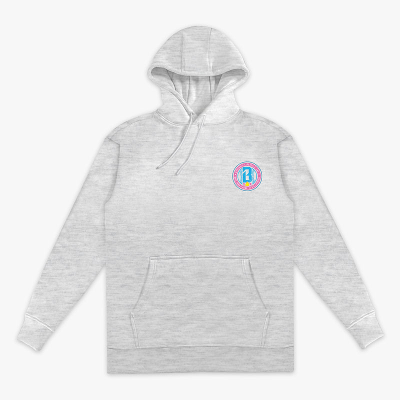 Gray hoodie with a colorful BL101 logo on the chest against a white background