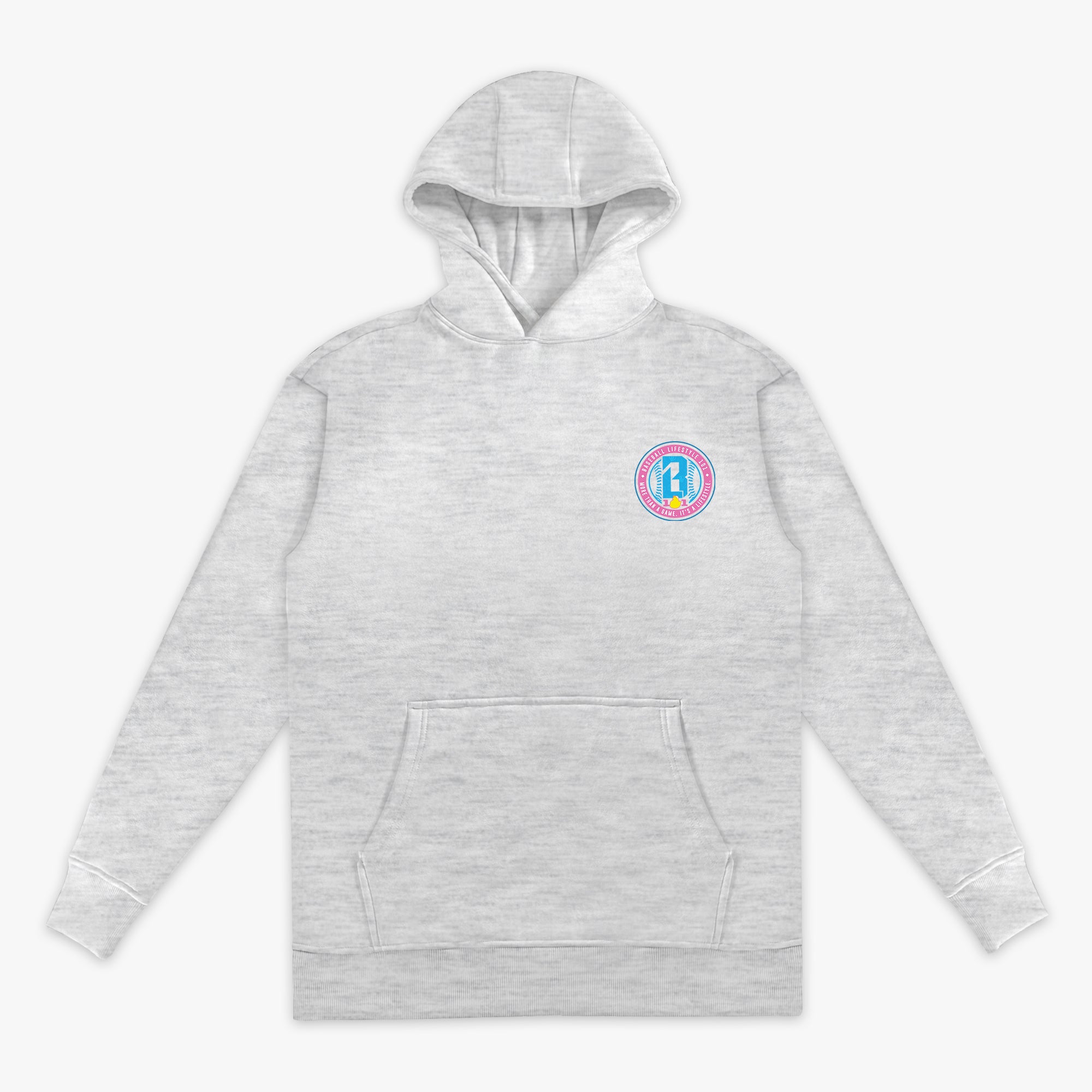 Gray hoodie with a colorful BL101 logo on the chest against a white background