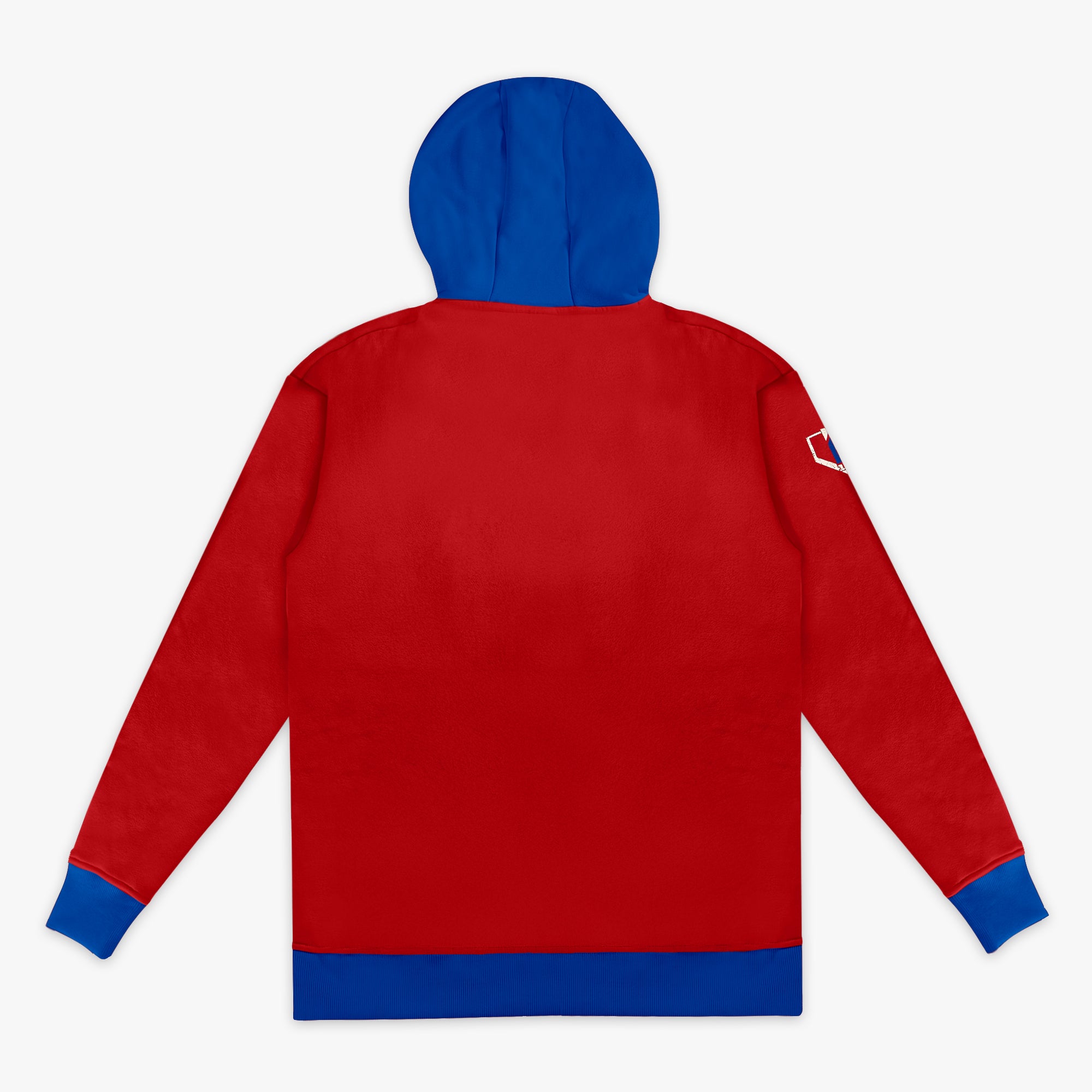 Back flat lay of the BL101 Baseball Lifestyle red hoodie with a royal blue hood and cuffs, showing the sleeve patch on a white background.