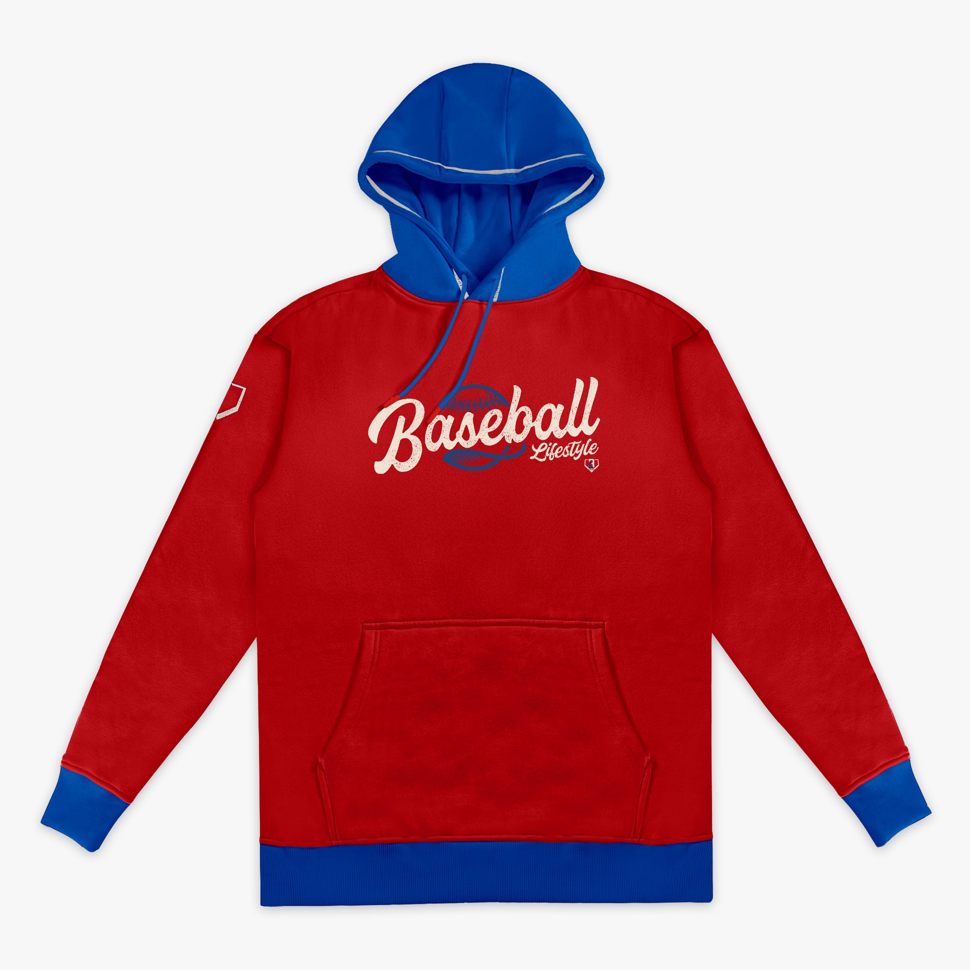 Back flat lay of the BL101 Baseball Lifestyle red hoodie with a royal blue hood and cuffs, showing the sleeve patch on a white background.