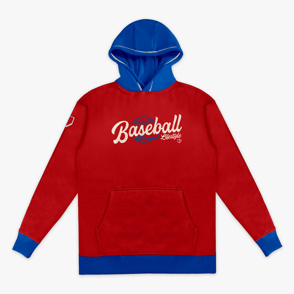 Front flat lay of the BL101 Baseball Lifestyle red hoodie with a royal blue hood and cuffs, featuring a vintage script graphic and sleeve patch on a white background.