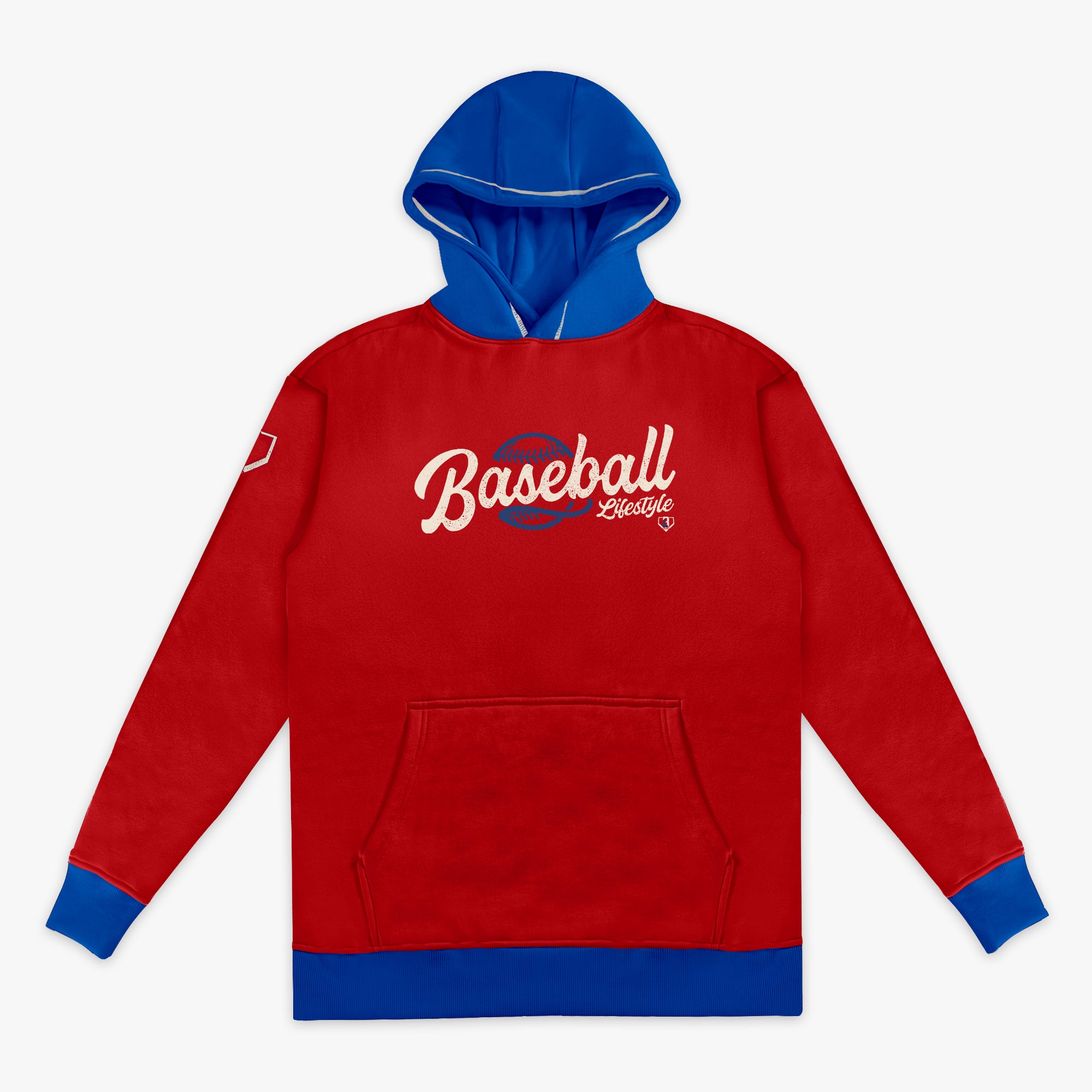 Front flat lay of the BL101 Baseball Lifestyle red hoodie with a royal blue hood and cuffs, featuring a vintage script graphic and sleeve patch on a white background.