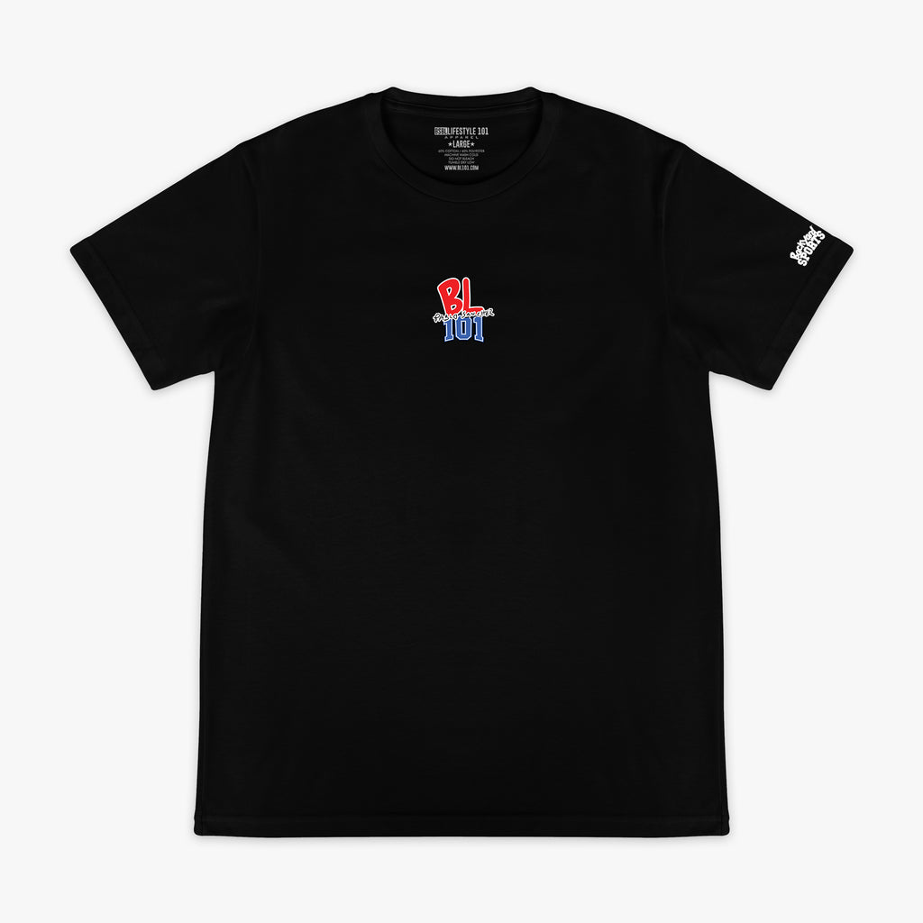 Black t-shirt with colorful 'BL 101 Pablo  Sanchez' logo on the chest and 'Backyard Sports' on sleeve against a white background