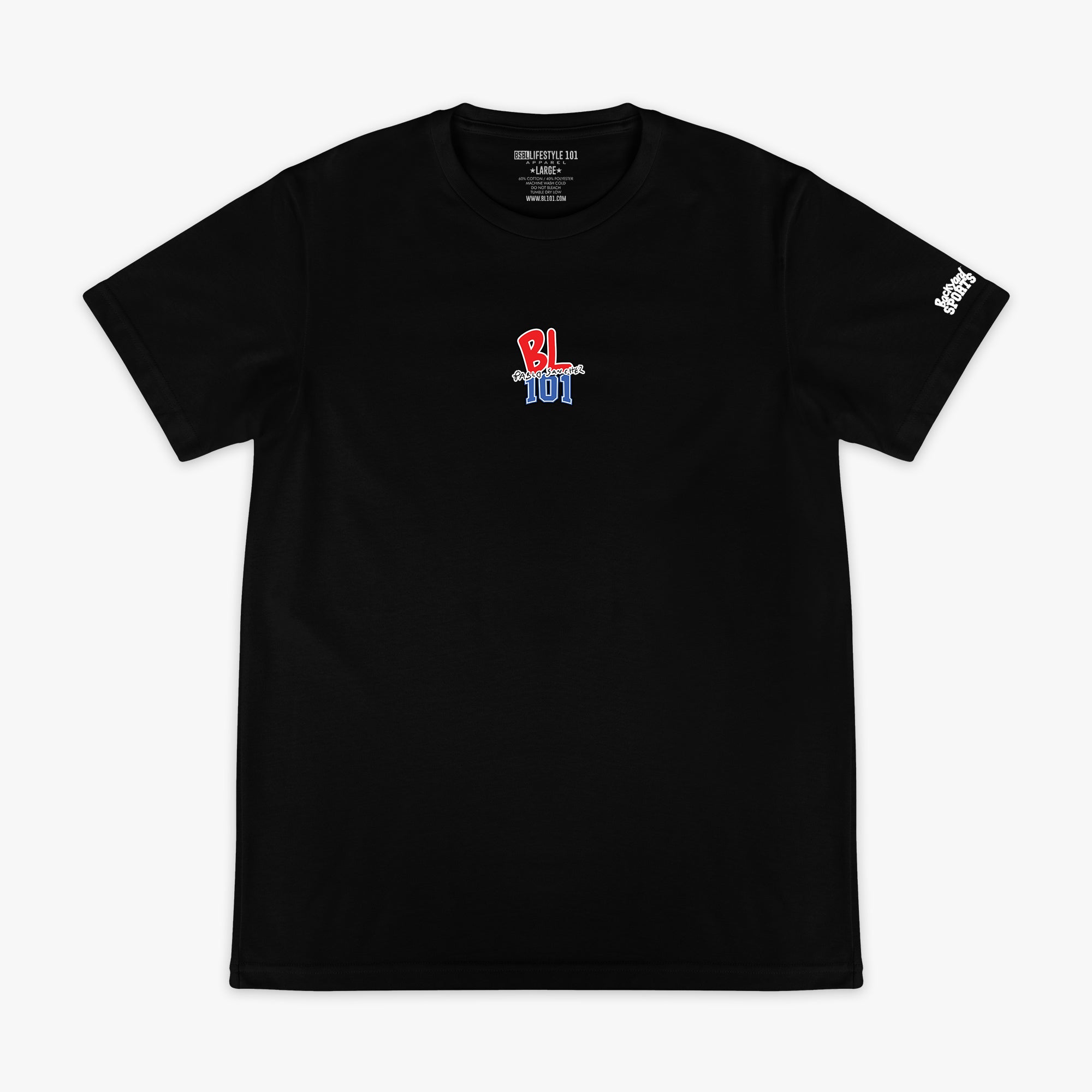Black t-shirt with colorful 'BL 101 Pablo  Sanchez' logo on the chest and 'Backyard Sports' on sleeve against a white background