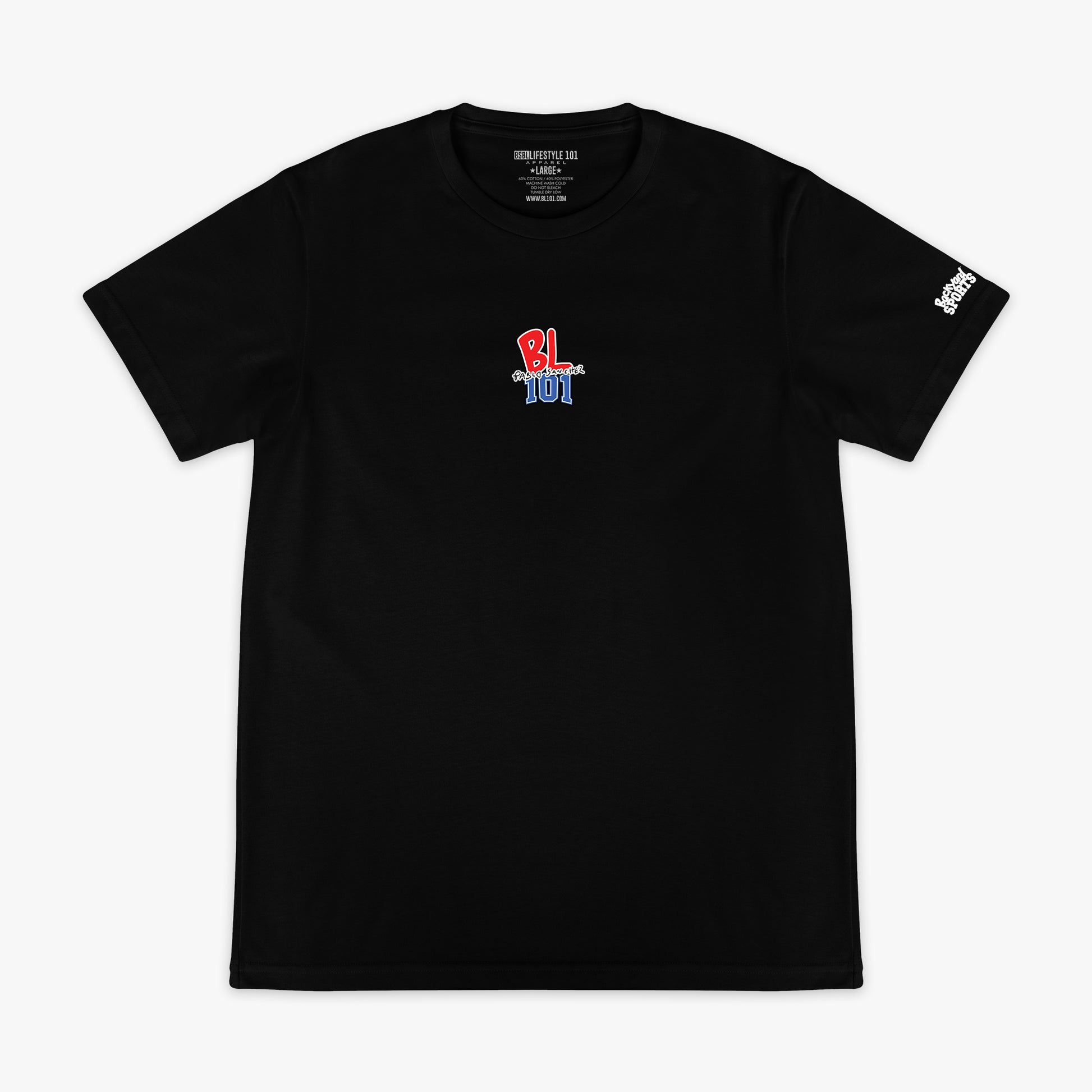 Black t-shirt with colorful 'BL 101 Pablo  Sanchez' logo on the chest and 'Backyard Sports' on sleeve against a white background
