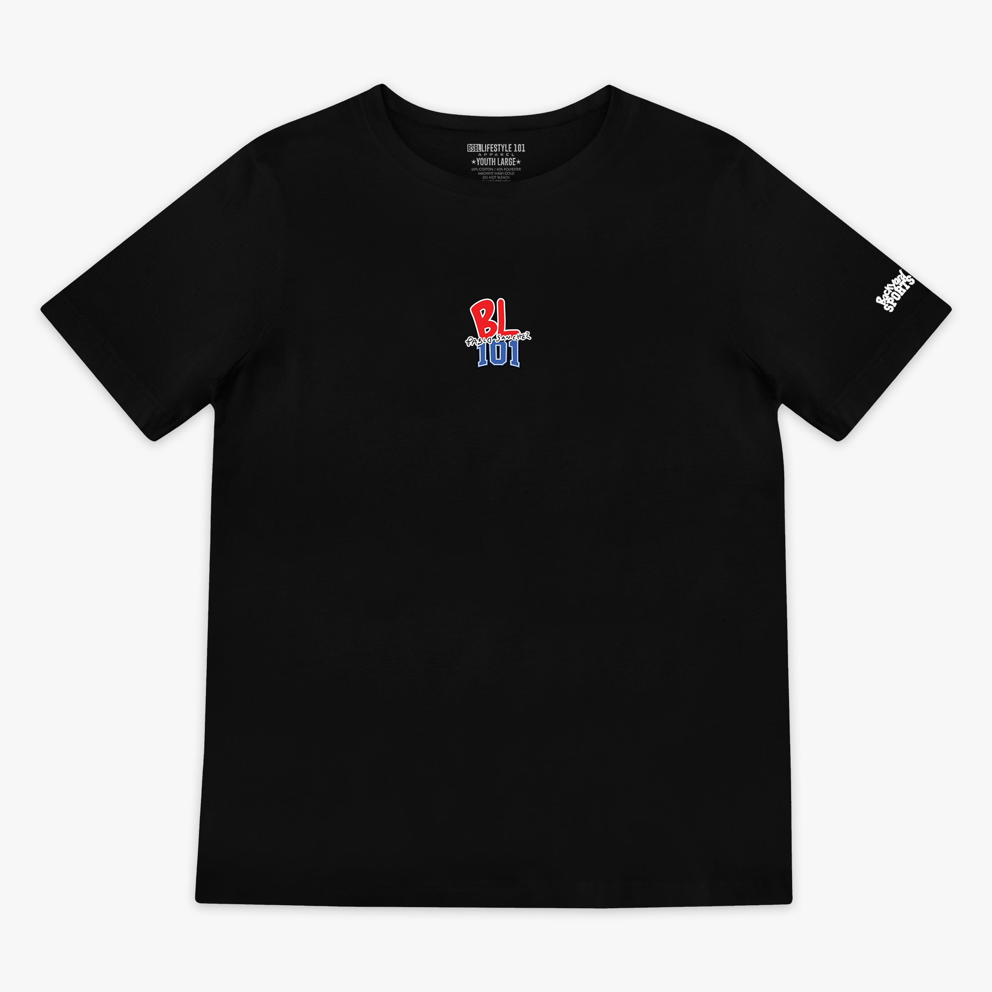 Black t-shirt with a red nd blue BL101 logo on a white background