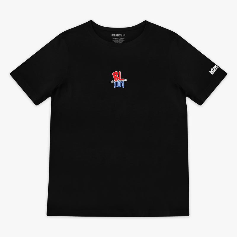 Black t-shirt with a red nd blue BL101 logo on a white background