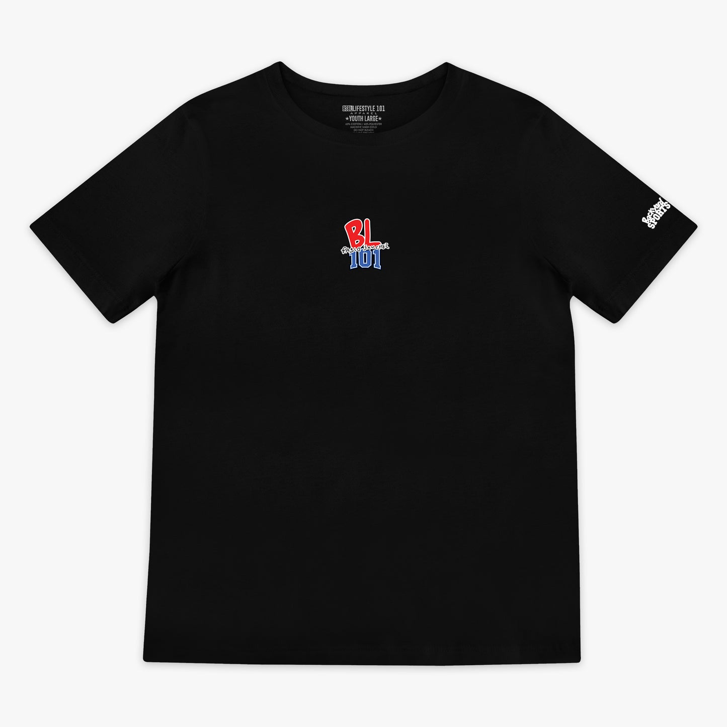 Black t-shirt with a red nd blue BL101 logo on a white background