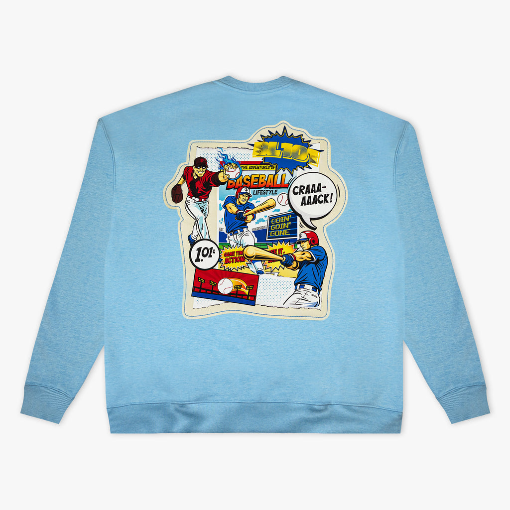 Blue crewneck with "Comic Collage" design — back view
