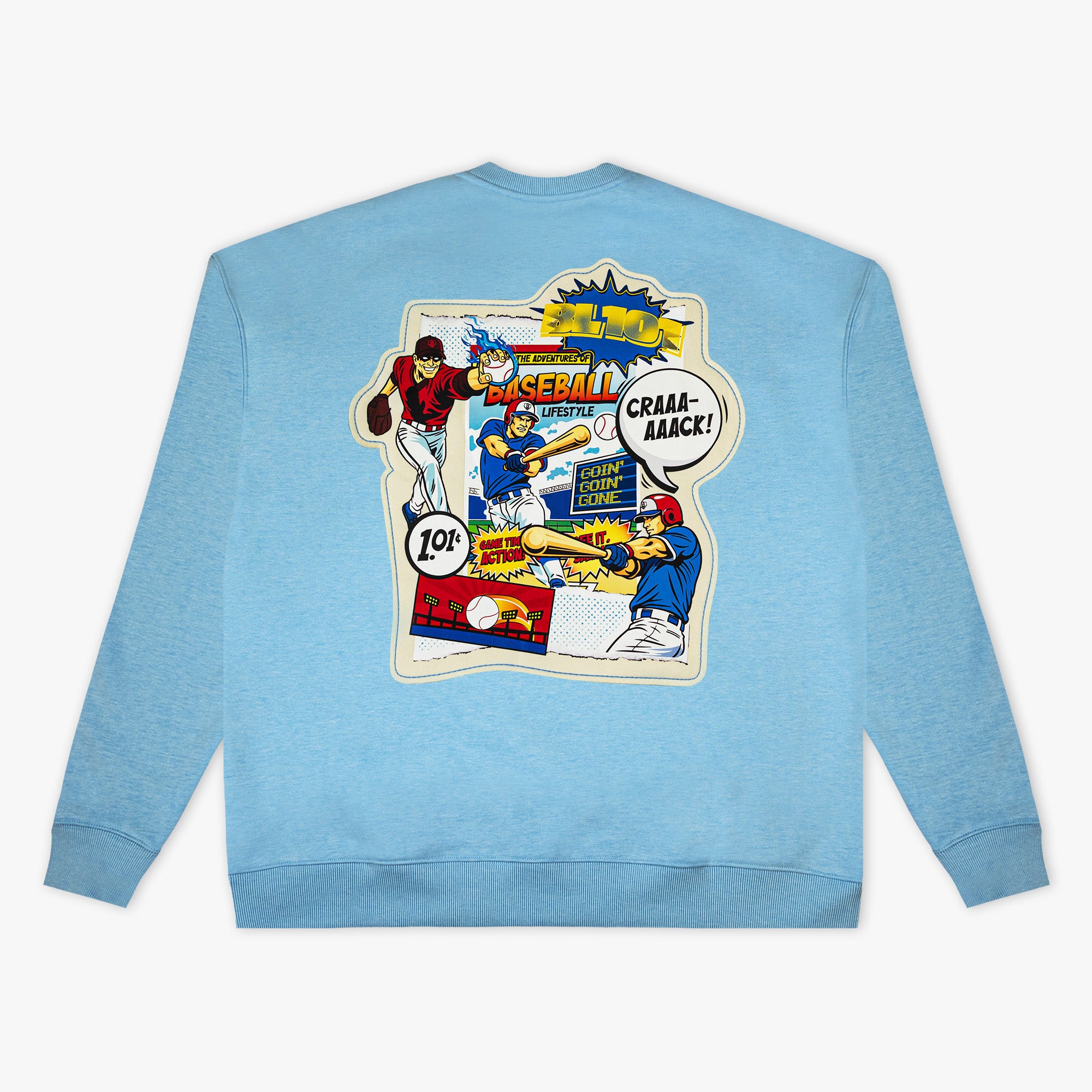 Blue crewneck with "Comic Collage" design — back view