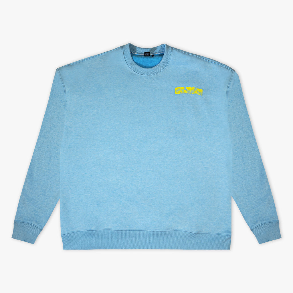 Blue crewneck with "Comic Collage" design — front view