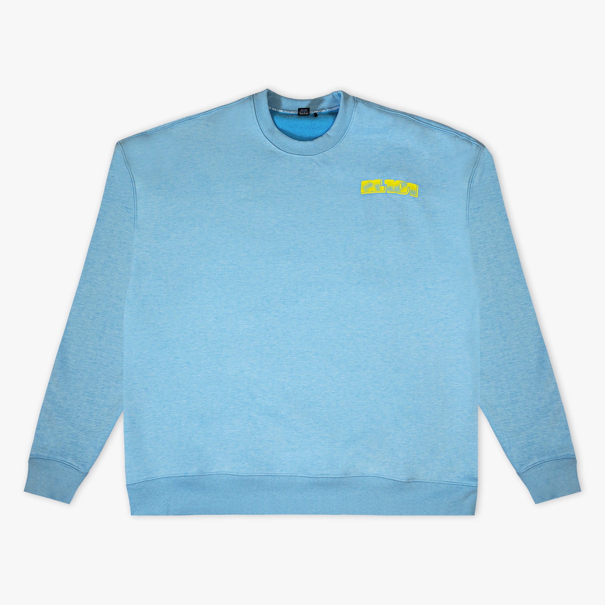 Blue crewneck with "Comic Collage" design — front view