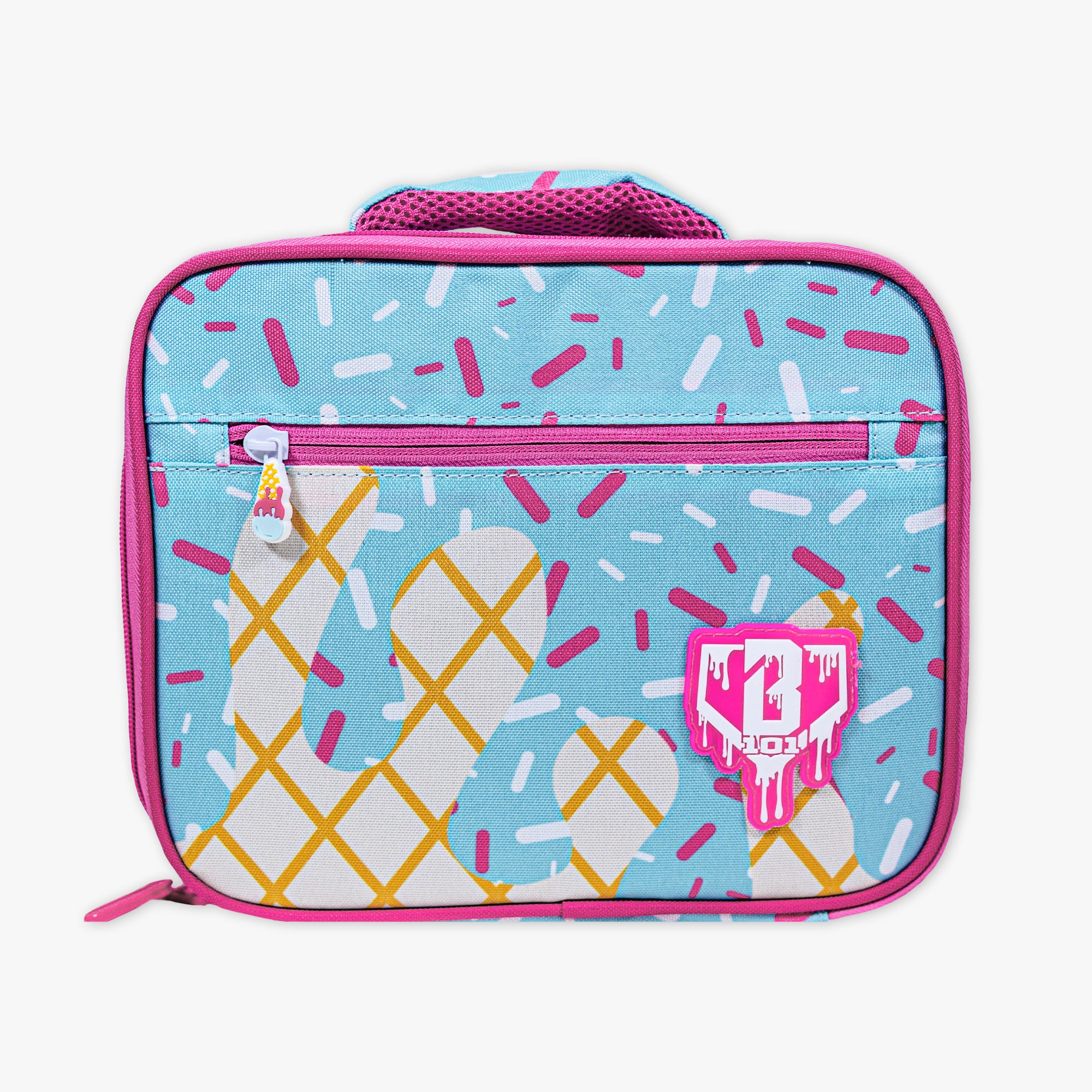Adult model wearing blue lunch box with "Cotton Candy Ice Cream  SZN 2" design