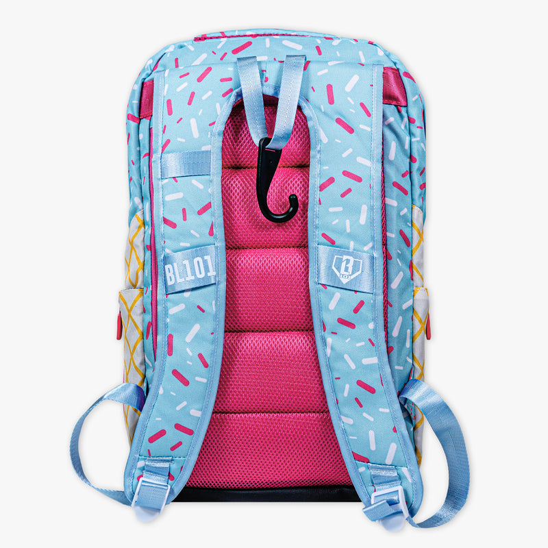 Adult model wearing blue backpack with "Cotton Candy Ice Cream  SZN 2" design